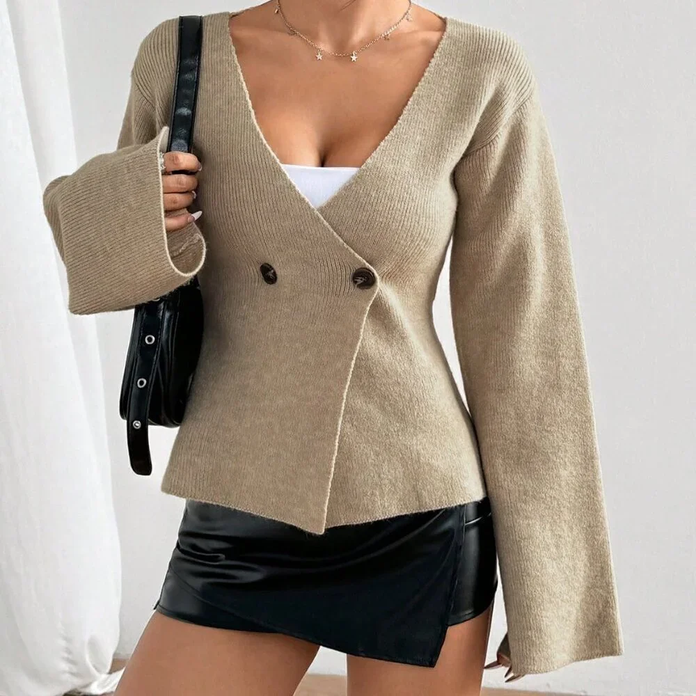 Tan Casual Women's Waist Slim Fit Double Button Placket knit Cardigan